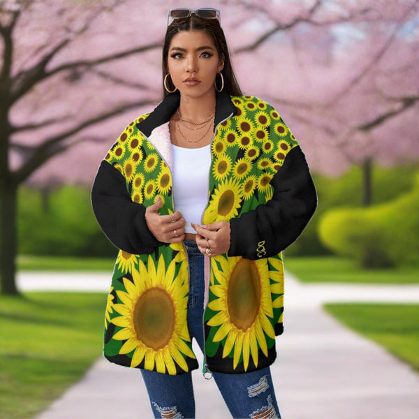 D.O.C. Sunflowers Borg Fleece Stand-up Collar Coat With Zipper