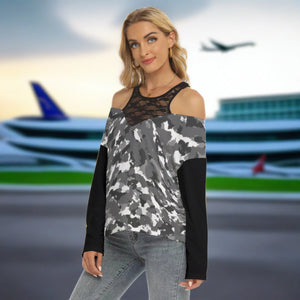 Snow Camo Women's Lace Mesh Collar Cold Shoulder Long Sleeves Blouse