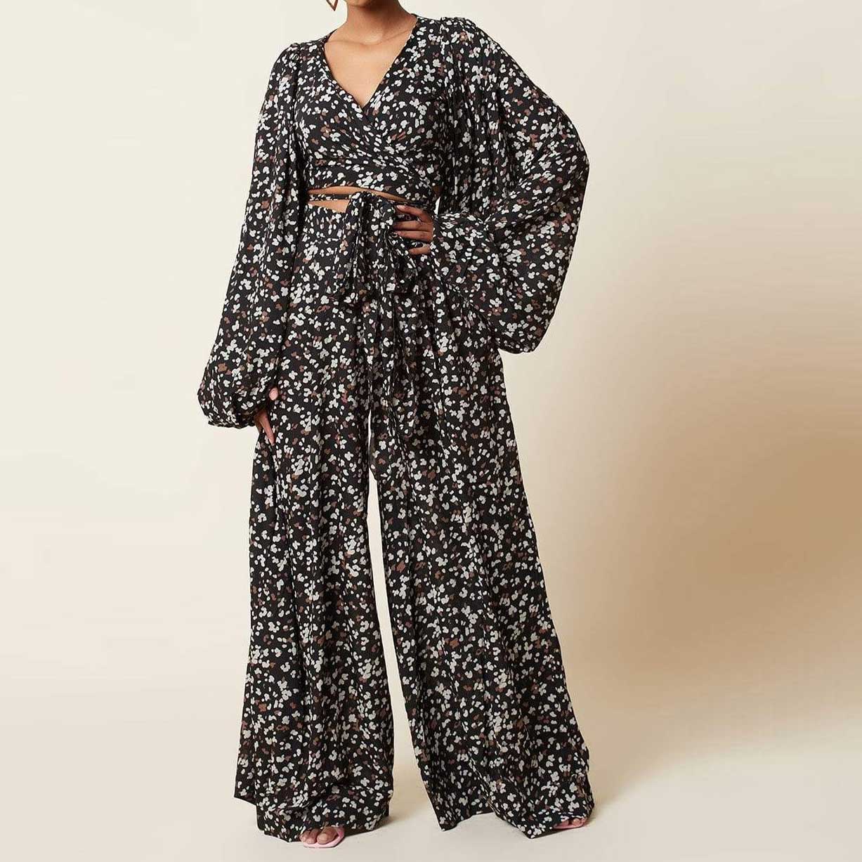 Leopard Print Lace-Up Cardigan Lantern Sleeve Top Loose Wide Leg Pants Set