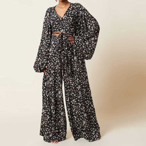 Leopard Print Lace-Up Cardigan Lantern Sleeve Top Loose Wide Leg Pants Set