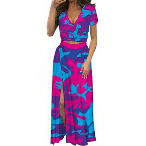 Grape Camo Womens Two Piece Outfit V-Neck Top and Long Skirt Set