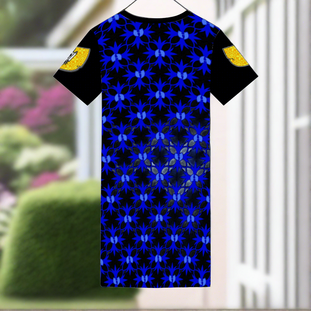 Razah Scrollz Blue Azure V-neck Short Sleeve Mini Dress Lounge Tee