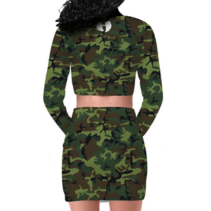 Razah Camo Women's Two Piece Long Sleeve Zip Up Top and Short Skirt Set