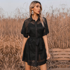 Women's Black Mesh Sheer Dress Lapel Short Sleeves Skirt Suit