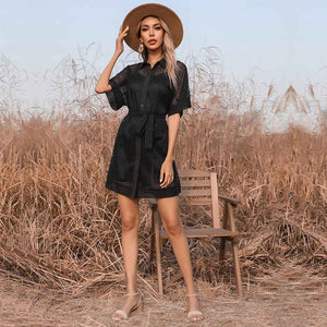 Women's Black Mesh Sheer Dress Lapel Short Sleeves Skirt Suit