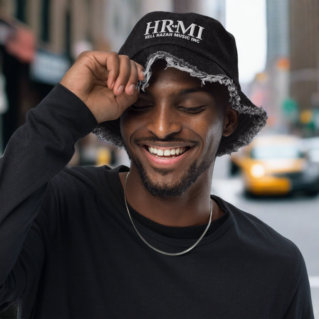 HRMI Embroidered Distressed Denim Bucket Hat