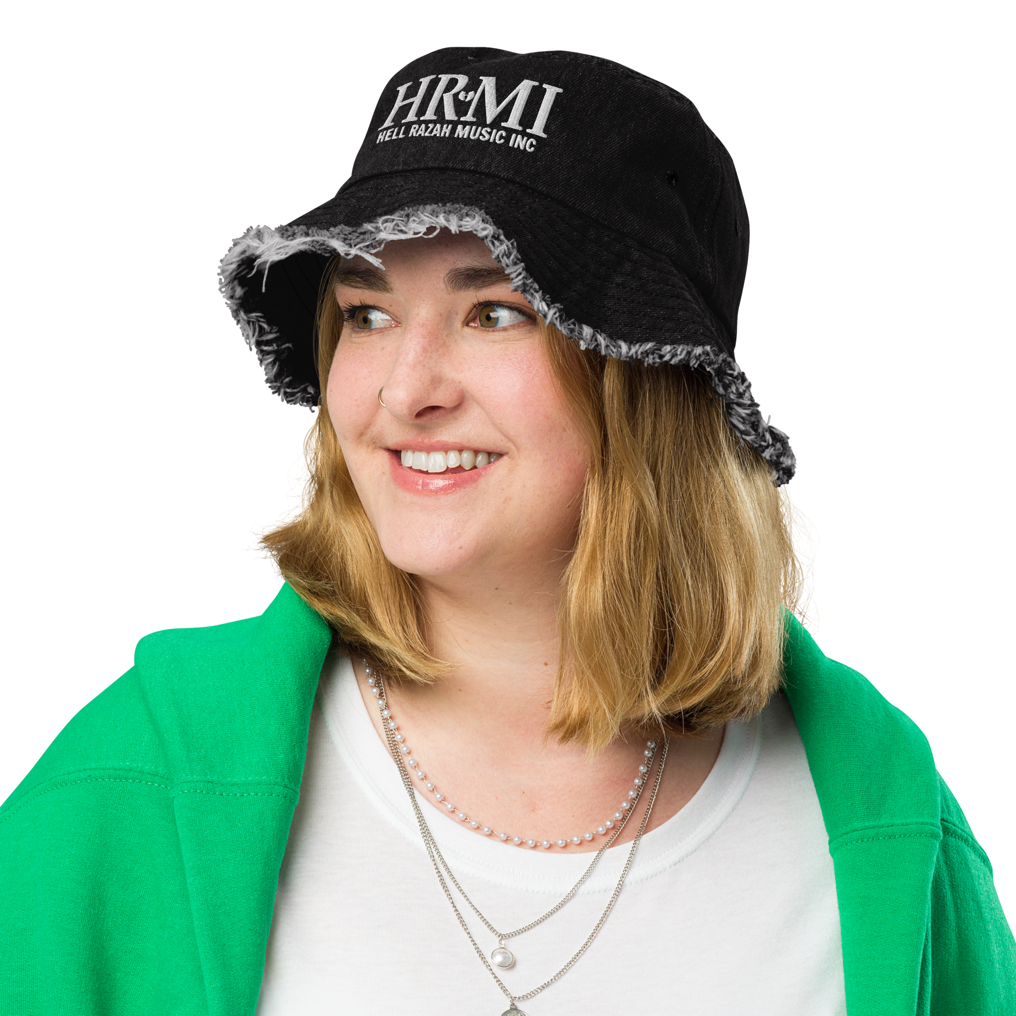 HRMI Embroidered Distressed Denim Bucket Hat