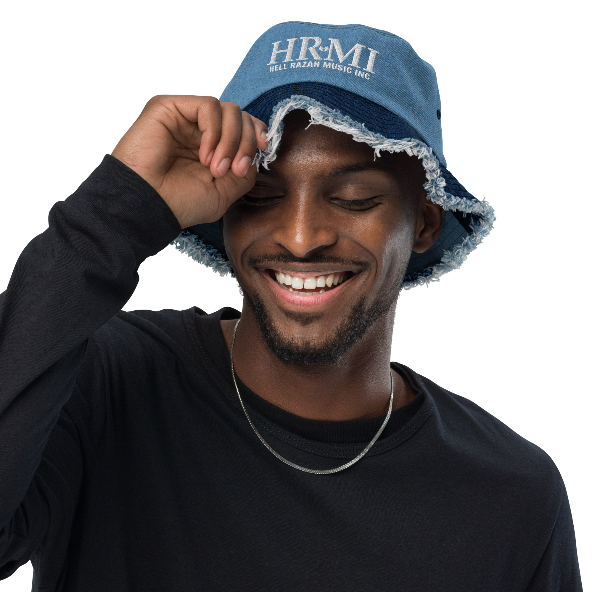 HRMI Embroidered Distressed Denim Bucket Hat