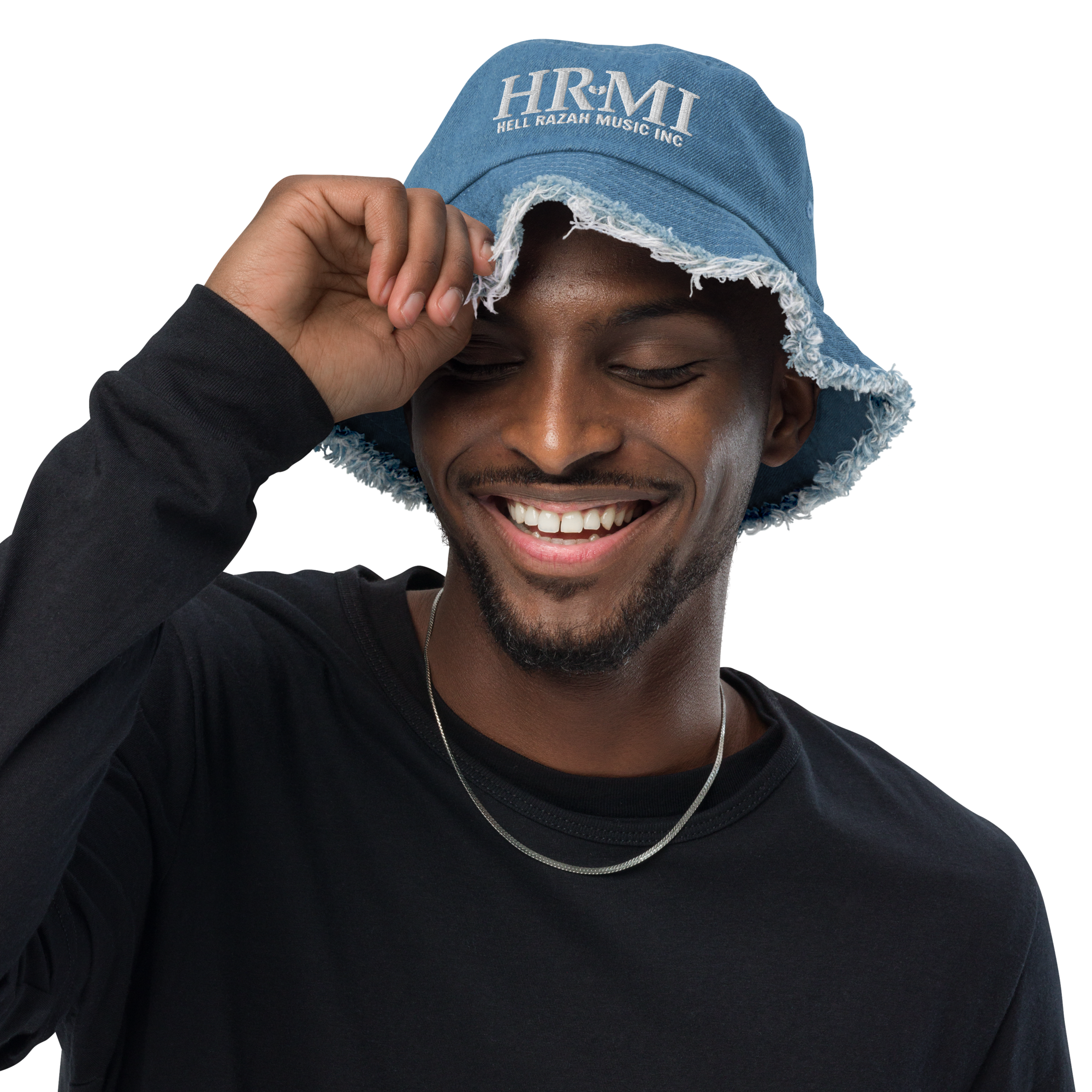 HRMI Embroidered Distressed Denim Bucket Hat