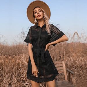 Women's Black Mesh Sheer Dress Lapel Short Sleeves Skirt Suit