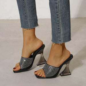 Zircons Uppers Transparent High Heels Chunky Heel Open Back High Heel Sandals