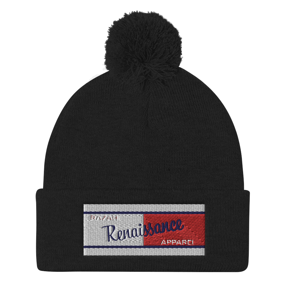 Razah Renaissance Apparel Red White Blue Embroidered Beanie - Pom Pom Knit Cap
