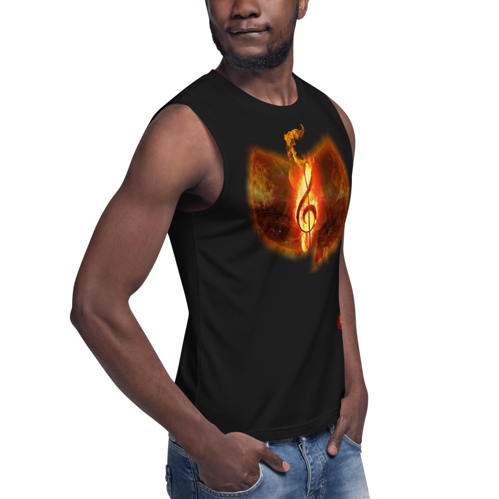 Official Hell Razah Music Inc. Fire Musical Note Designer Muscle Shirt Heaven Razah Merchandise Graphics by SmuveMassBeatz