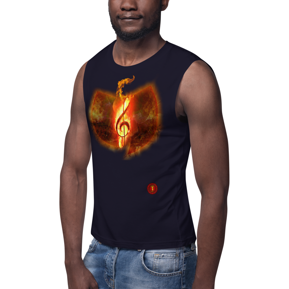 Official Hell Razah Music Inc. Fire Musical Note Designer Muscle Shirt Heaven Razah Merchandise Graphics by SmuveMassBeatz