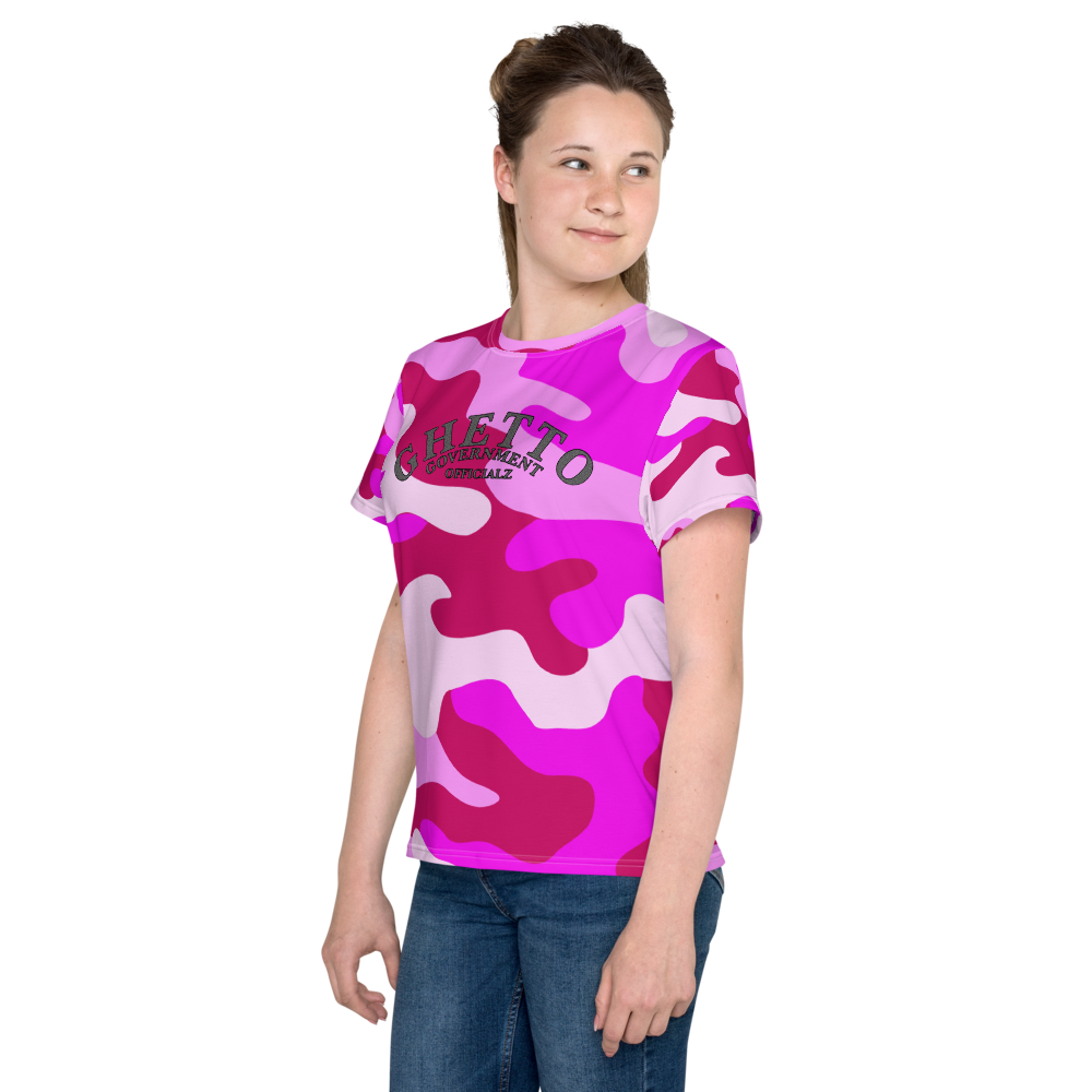 Ghetto Gov't Officialz Pink Camo Unisex Youth Designer Tee - T-Shirt Sizes 8-20