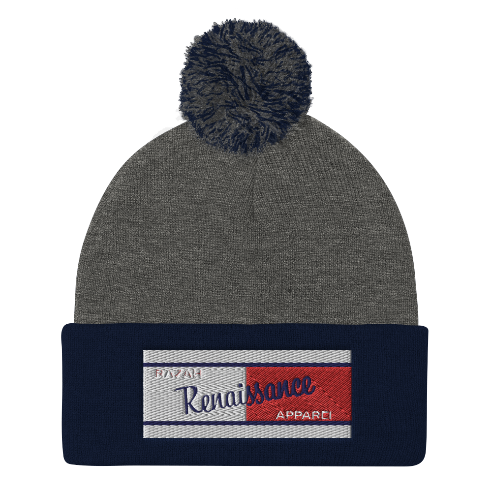 Razah Renaissance Apparel Red White Blue Embroidered Beanie - Pom Pom Knit Cap