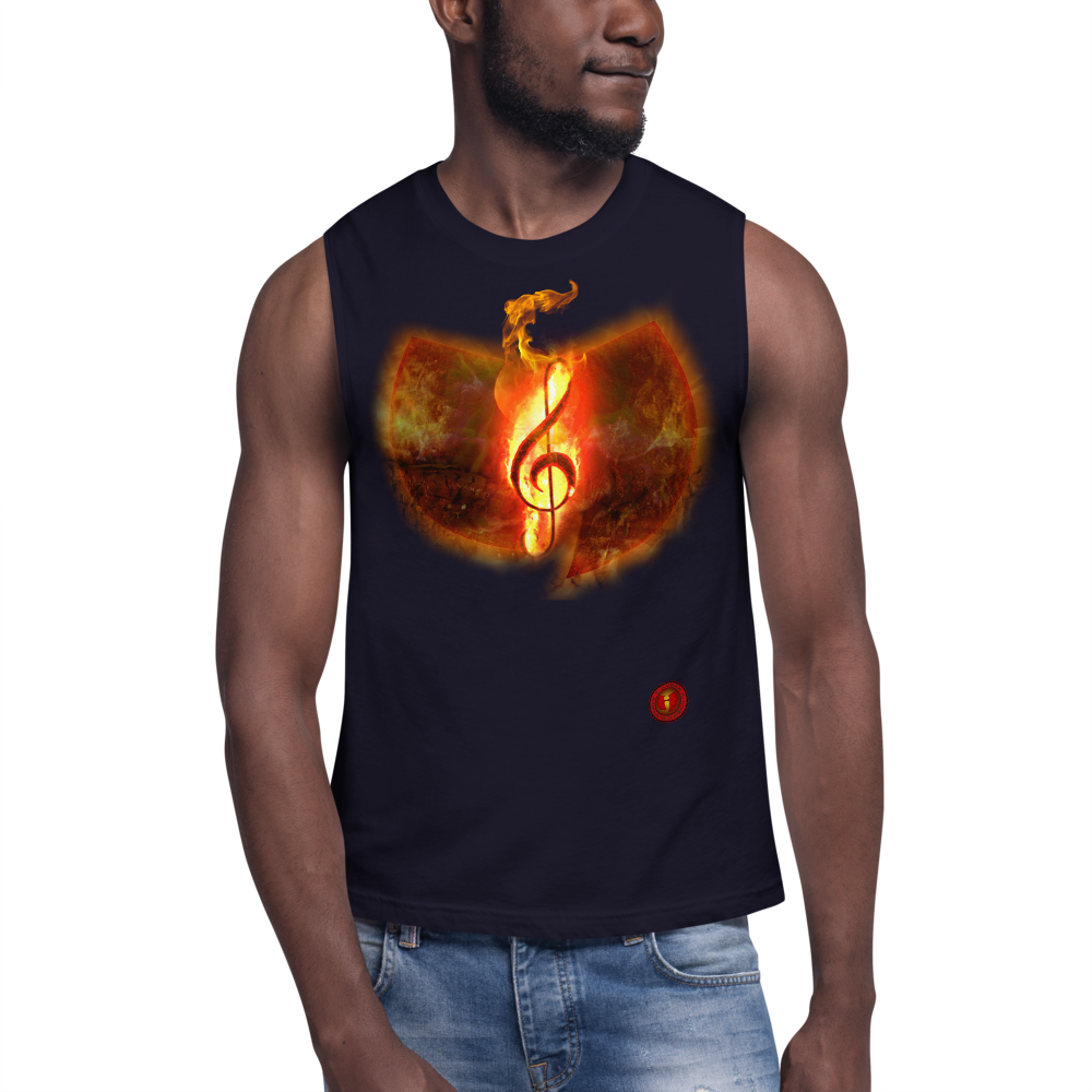 Official Hell Razah Music Inc. Fire Musical Note Designer Muscle Shirt Heaven Razah Merchandise Graphics by SmuveMassBeatz